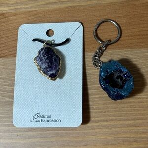 Amethyst Plated Arrowhead Necklace + Metalized Moroccan Geode Keychain Bundle